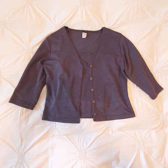 Whisper Y2k slate grey stretchy button down cardigan & cropped tank set. Size L - Picture 4 of 14